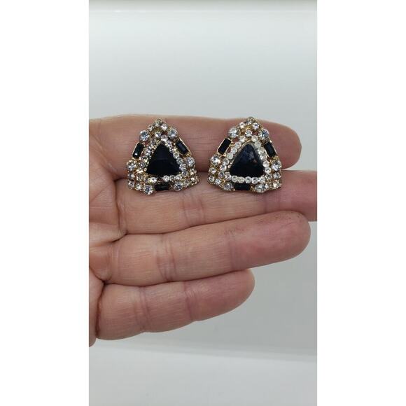 Vintage Earrings Black & Clear Rhinestone Black & White Drama Formal 1950s Clip - Picture 4 of 6